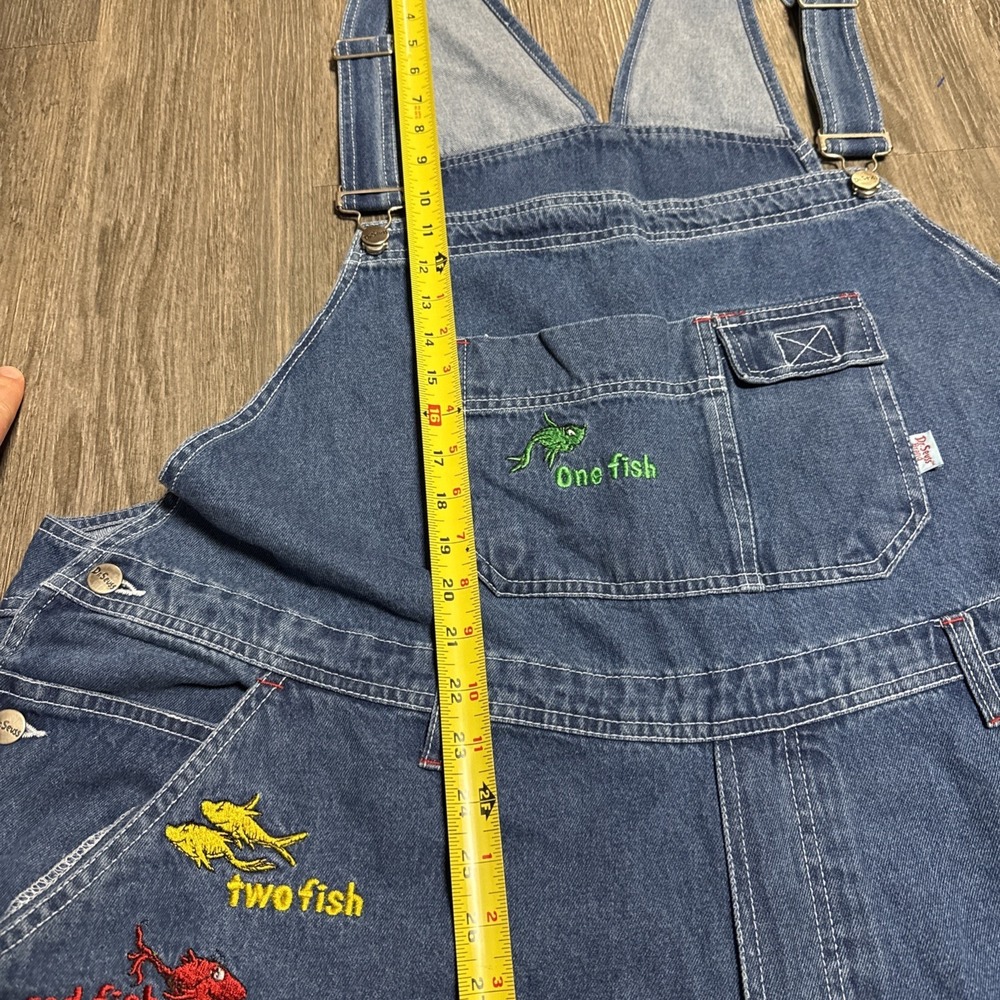 Vintage Dr Seuss Denim Shortalls Womens 26W One Fish Two Fish Adorable Teacher - Picture 6 of 7